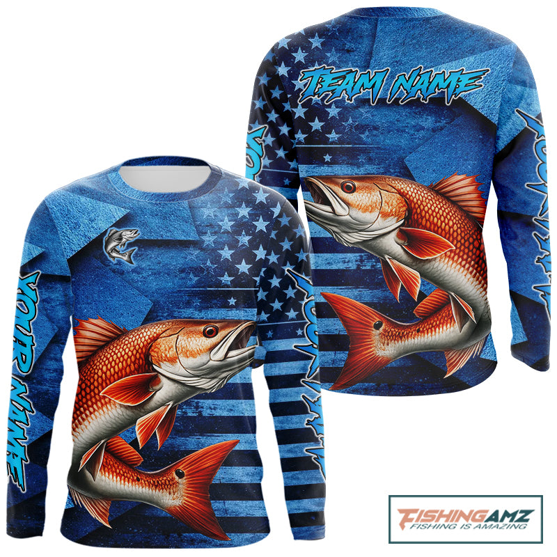 Redfish Fishing Shirts Long Sleeve With American Flag, Personalized Redfish Fishing Gift For Father Days NHT685