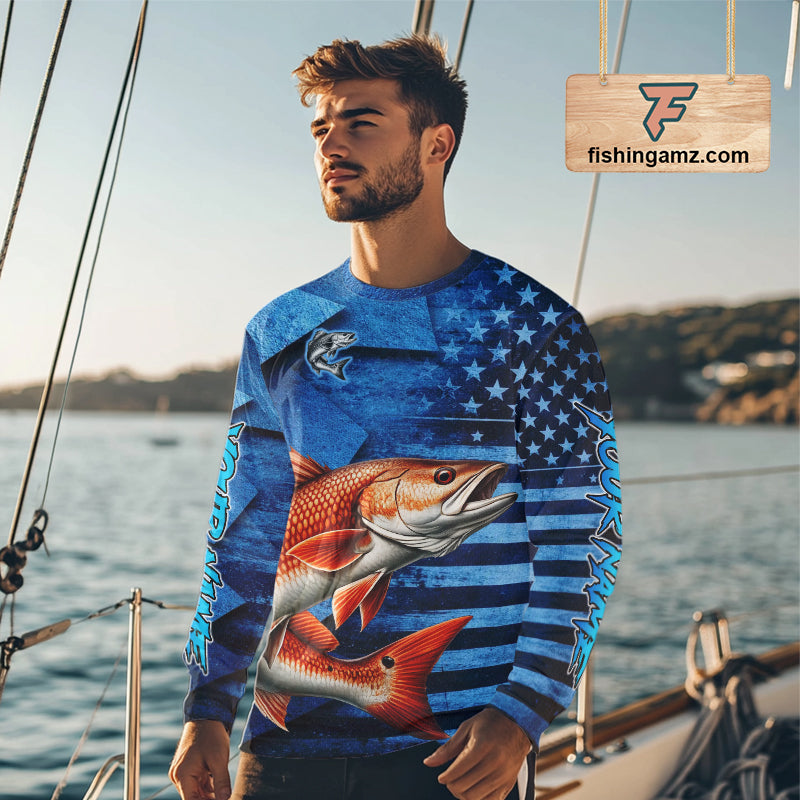 Redfish Fishing Shirts Long Sleeve With American Flag, Personalized Redfish Fishing Gift For Father Days NHT685