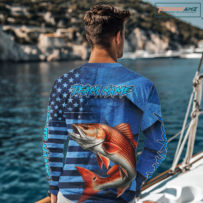 Redfish Fishing Shirts Long Sleeve With American Flag, Personalized Redfish Fishing Gift For Father Days NHT685