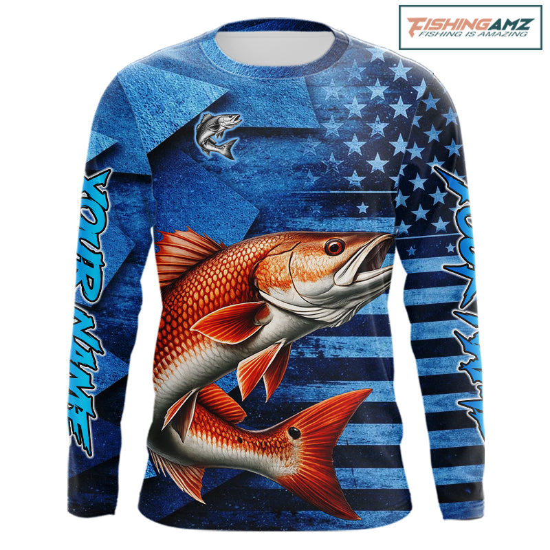Redfish Fishing Shirts Long Sleeve With American Flag, Personalized Redfish Fishing Gift For Father Days NHT685