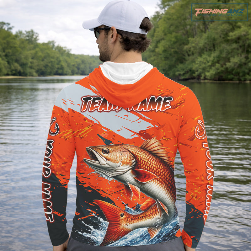 Custom Redfish Fishing Tournament Jerseys, Red Drum Orange Hooded Fishing Shirts Long Sleeve NHT572