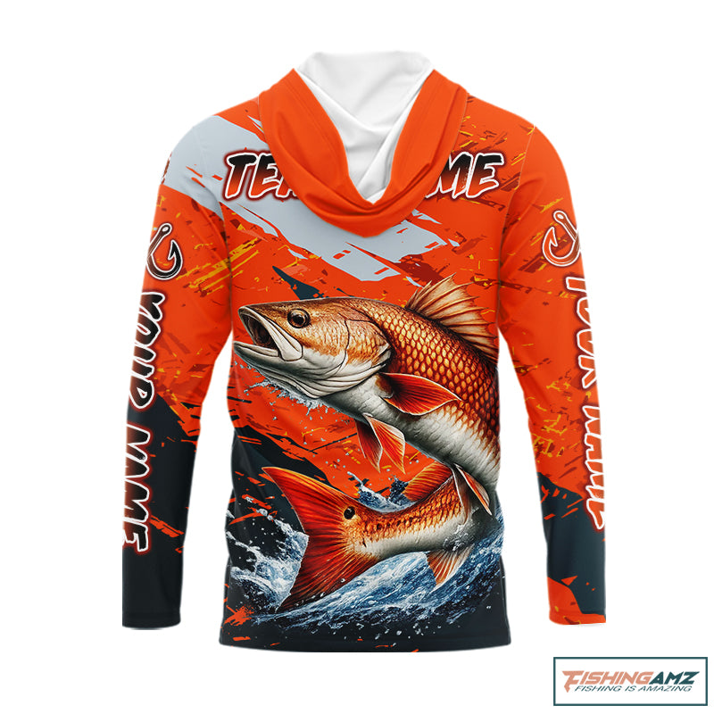 Custom Redfish Fishing Tournament Jerseys, Red Drum Orange Hooded Fishing Shirts Long Sleeve NHT572