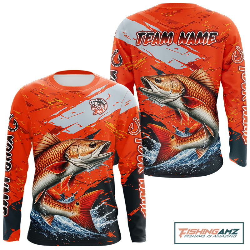 Custom Redfish Fishing Tournament Jerseys, Red Drum Orange Fishing Shirts Long Sleeve NHT572