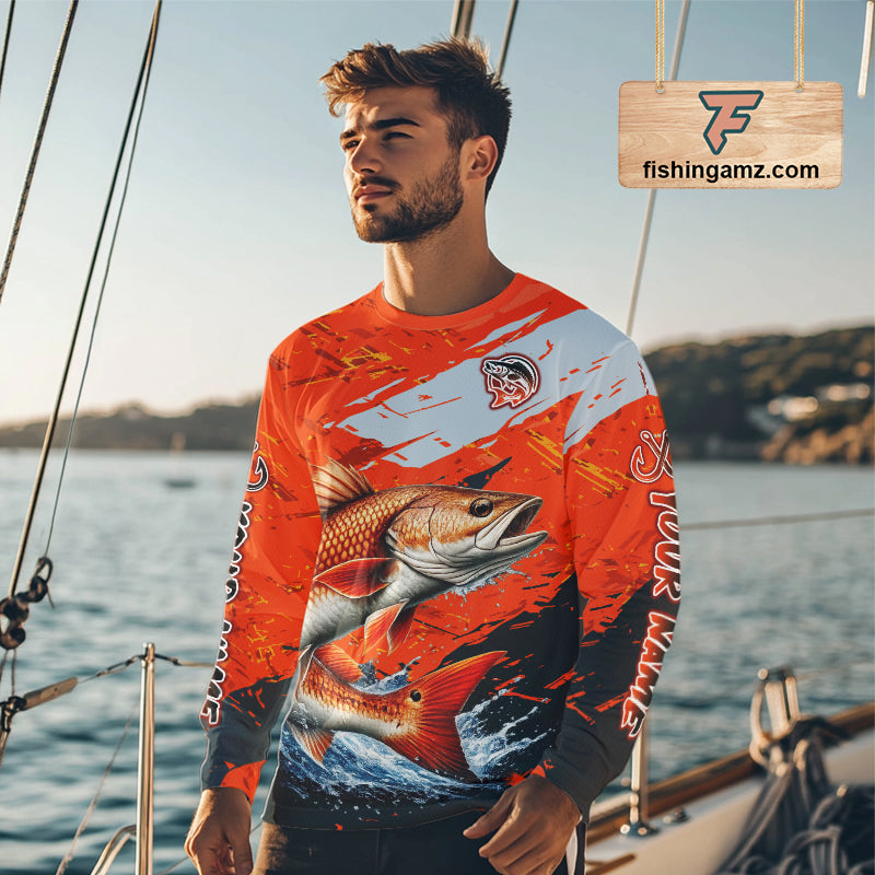 Custom Redfish Fishing Tournament Jerseys, Red Drum Orange Fishing Shirts Long Sleeve NHT572