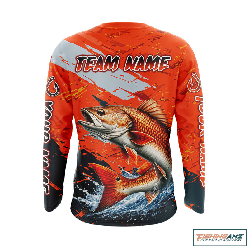 Custom Redfish Fishing Tournament Jerseys, Red Drum Orange Fishing Shirts Long Sleeve NHT572