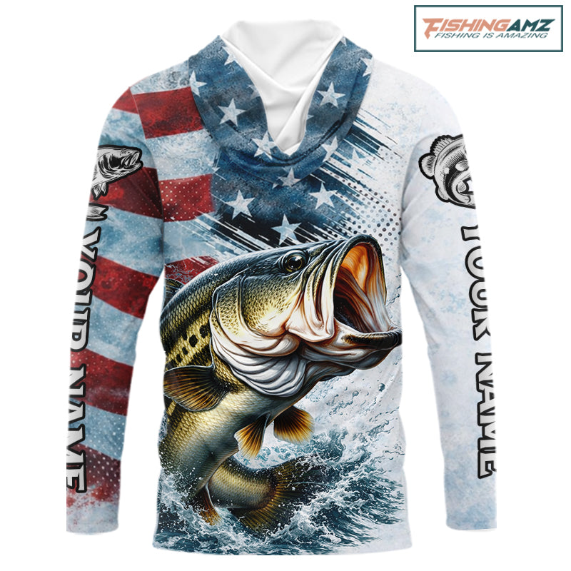 American Flag Custom Bass Long Sleeve Hooded Fishing Shirts, Patriotic Fishing Shirt NBT447