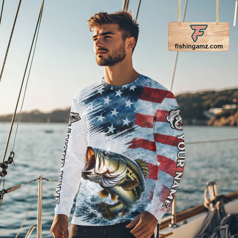 American Flag Custom Bass Fishing Shirts Long Sleeve, Patriotic Fishing Shirt NBT447