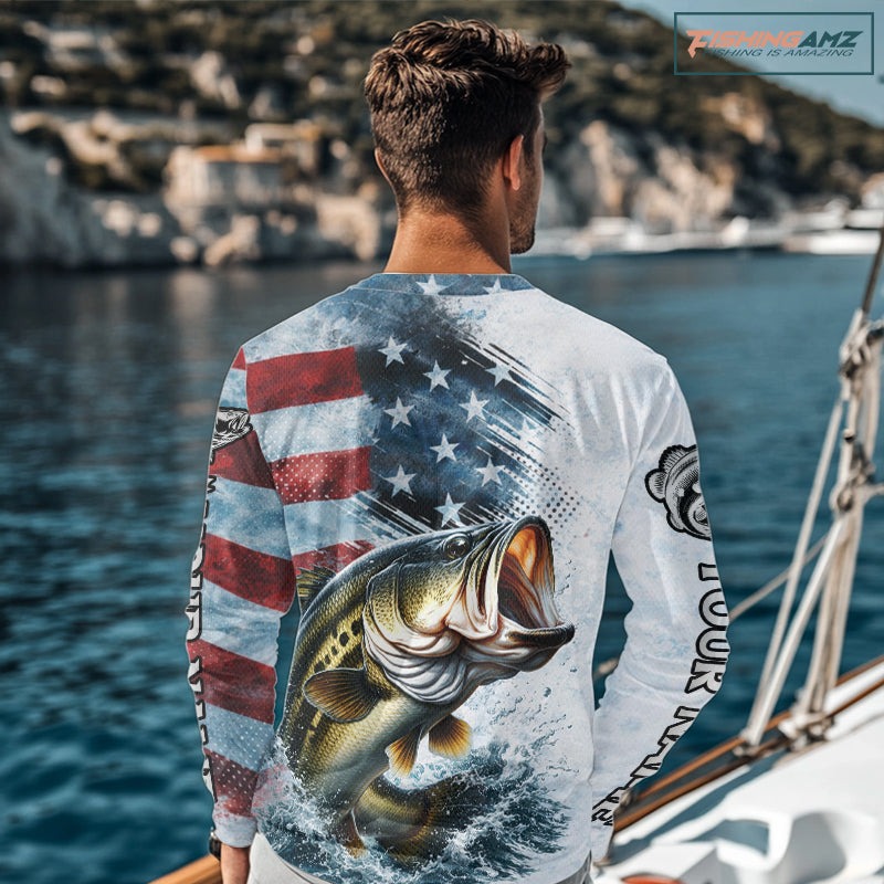 American Flag Custom Bass Fishing Shirts Long Sleeve, Patriotic Fishing Shirt NBT447