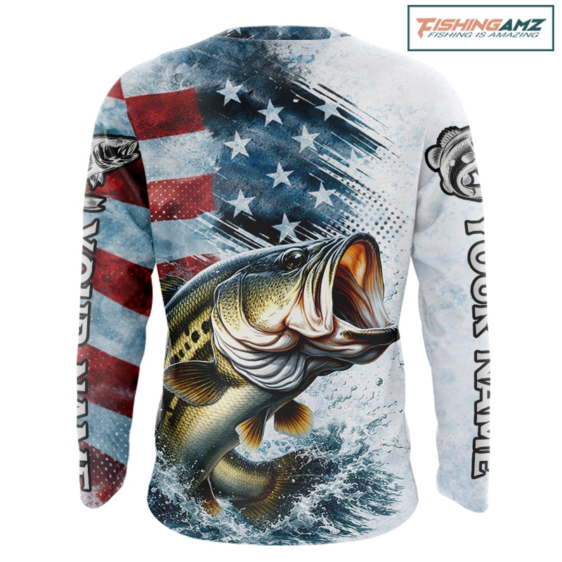 American Flag Custom Bass Fishing Shirts Long Sleeve, Patriotic Fishing Shirt NBT447