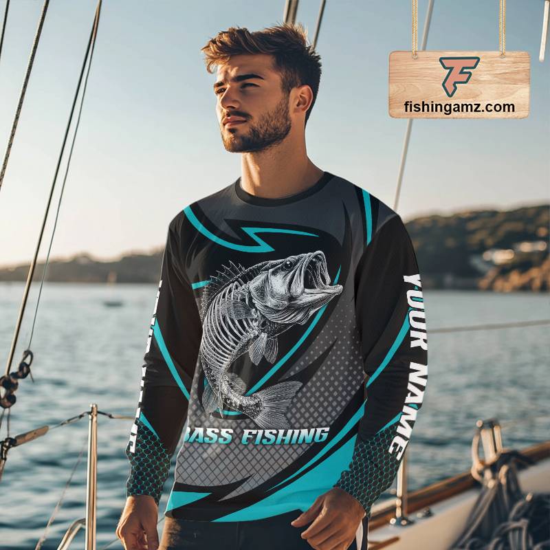 Personalized Bass Fishing Shirts Long Sleeve Fish Skeleton Custom Fishing Jersey NBT358