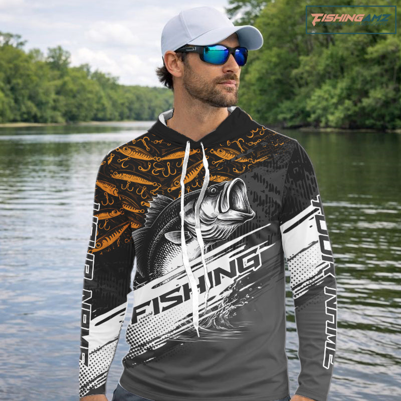 Largemouth Bass Fishing Hood UV Protection Black And Yellow Custom Shirts For Men NBT359