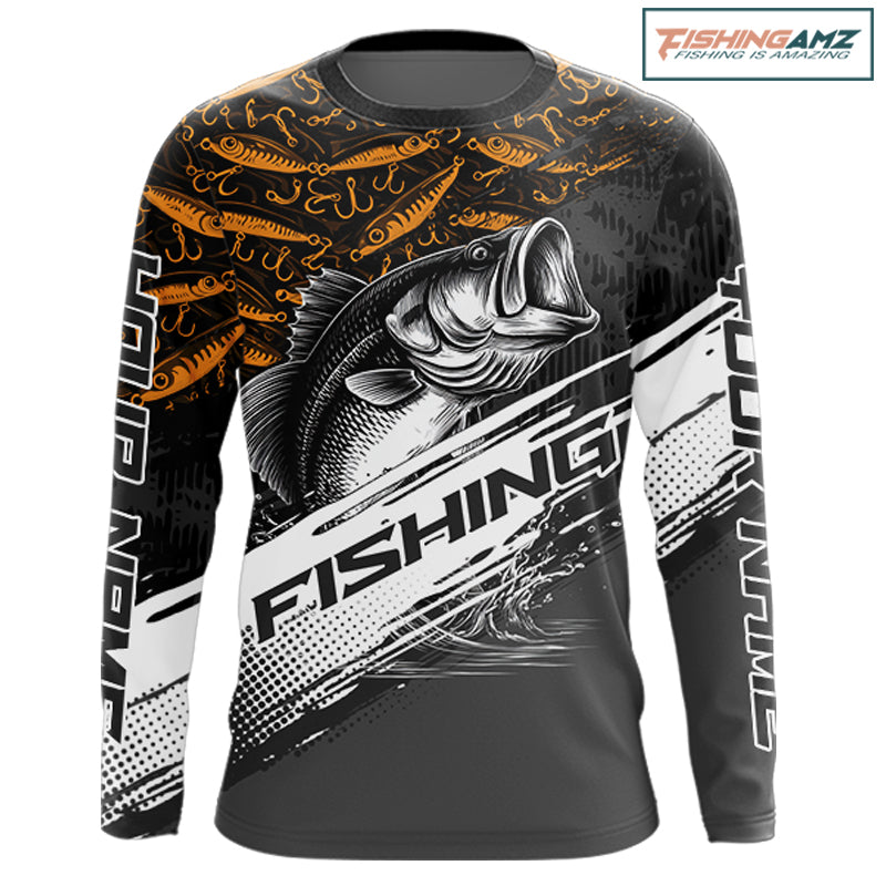 Personalized bass long sleeve fishing shirt black yellow front view