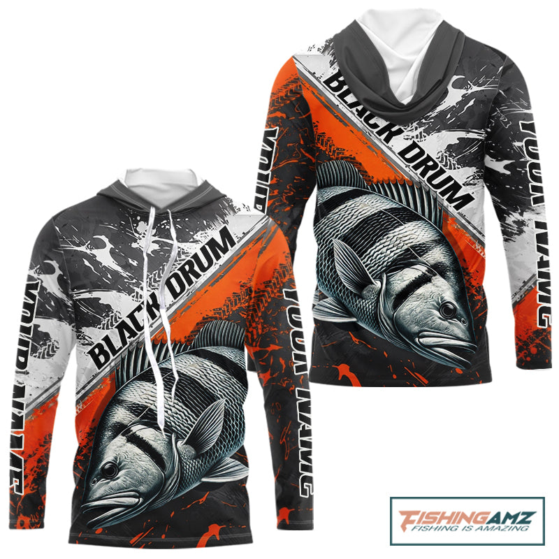 Custom Orange Camo Black Drum Jerseys For Fishing Team Long Sleeve Fishing Shirts NBT457