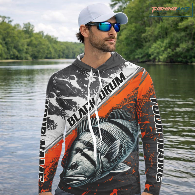 Custom Orange Camo Black Drum Jerseys For Fishing Team Long Sleeve Fishing Shirts NBT457
