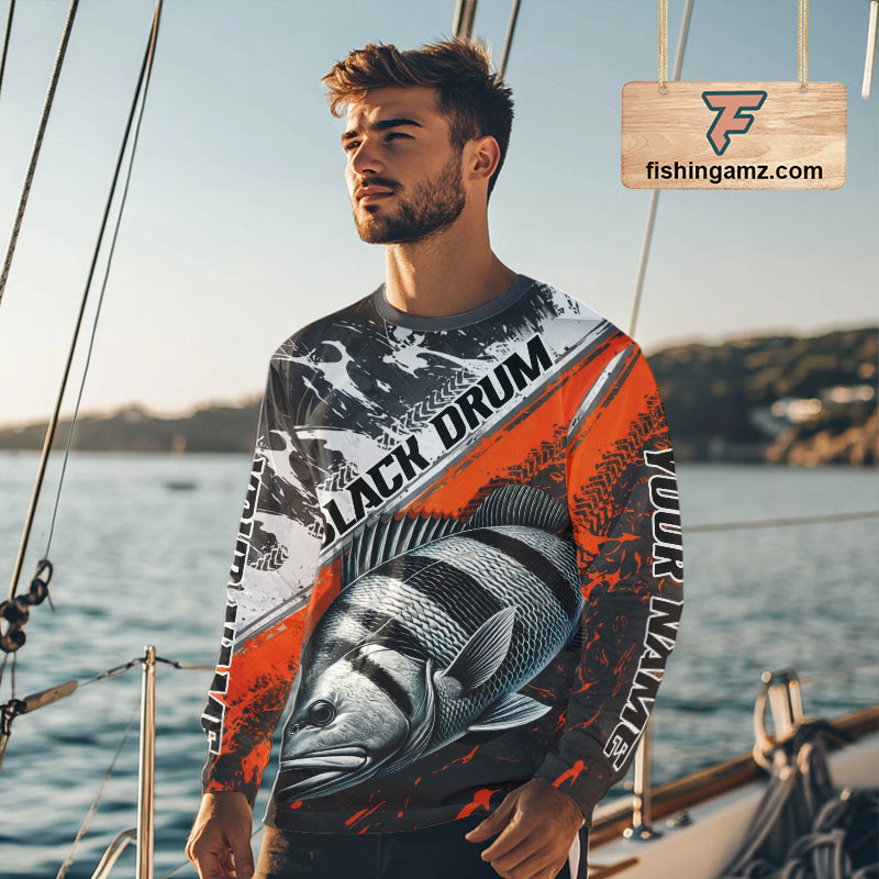 Custom Orange Camo Black Drum Jerseys For Fishing Team Long Sleeve Fishing Shirts NBT457
