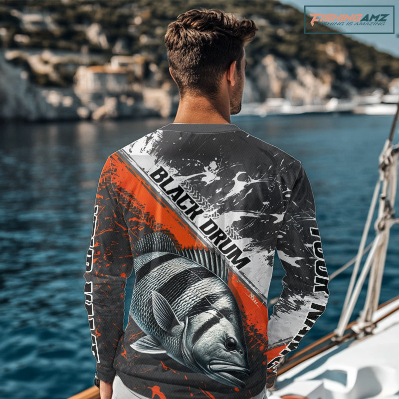 Custom Orange Camo Black Drum Jerseys For Fishing Team Long Sleeve Fishing Shirts NBT457