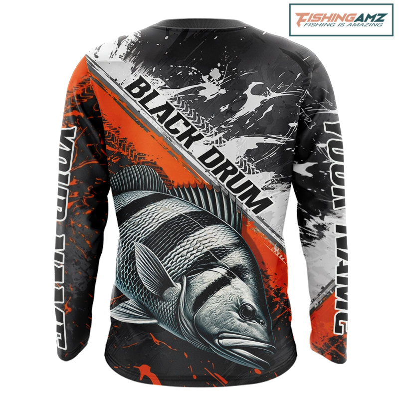 Custom Orange Camo Black Drum Jerseys For Fishing Team Long Sleeve Fishing Shirts NBT457