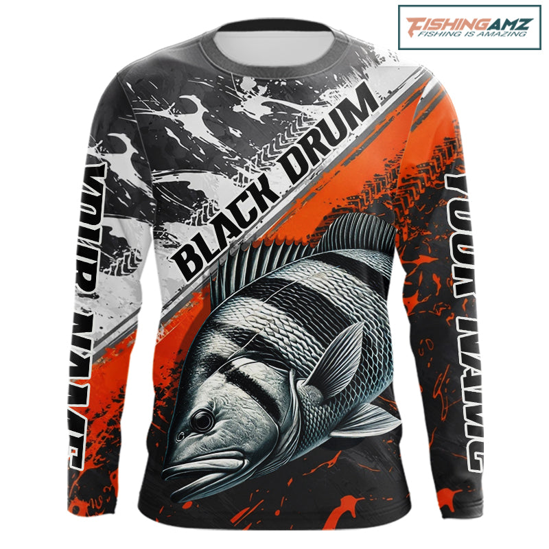 Custom Orange Camo Black Drum Jerseys For Fishing Team Long Sleeve Fishing Shirts NBT457