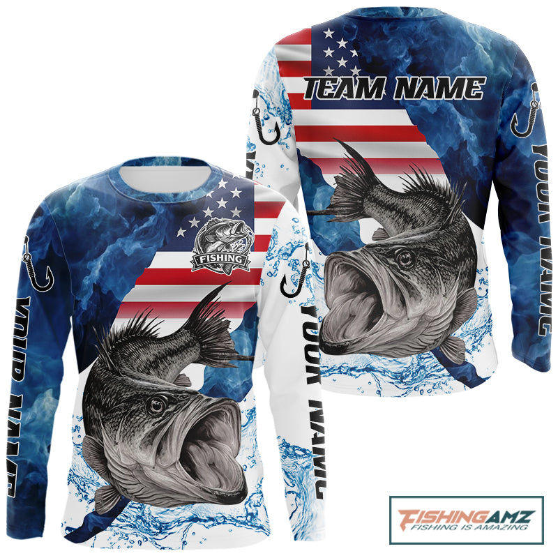 Blue Camo Bass Fishing American Flag Fishing Shirt, Bass Fishing Shirts Long Sleeve NBT458