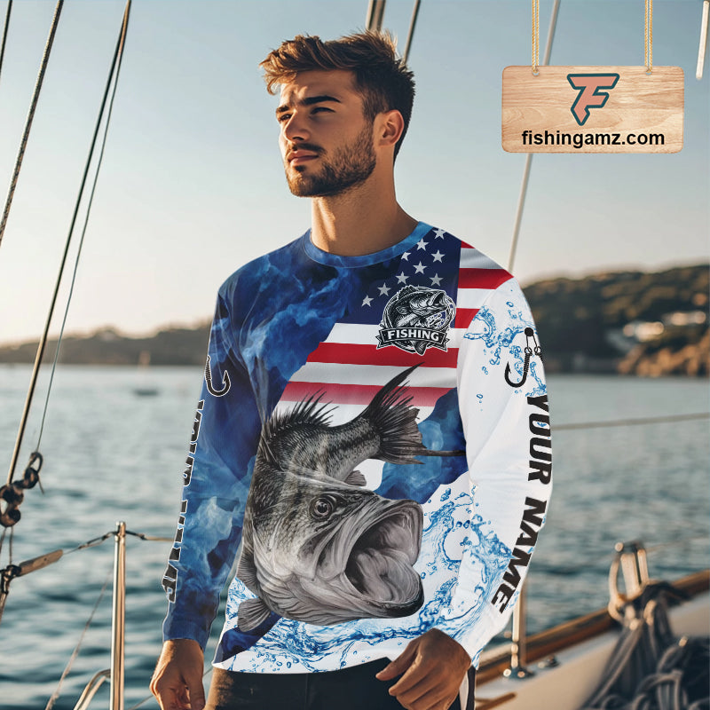 Blue Camo Bass Fishing American Flag Fishing Shirt, Bass Fishing Shirts Long Sleeve NBT458
