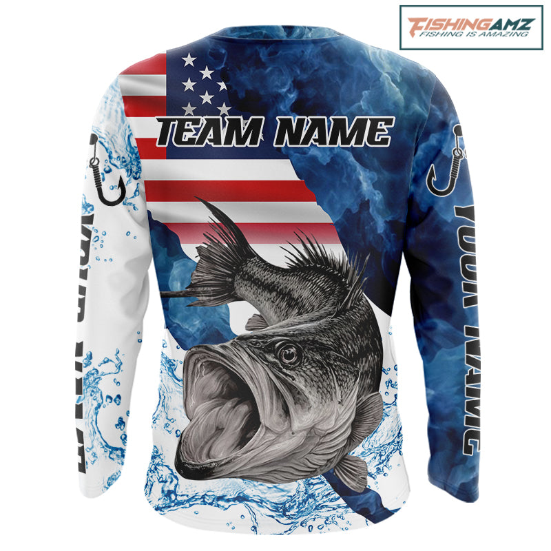 Blue Camo Bass Fishing American Flag Fishing Shirt, Bass Fishing Shirts Long Sleeve NBT458
