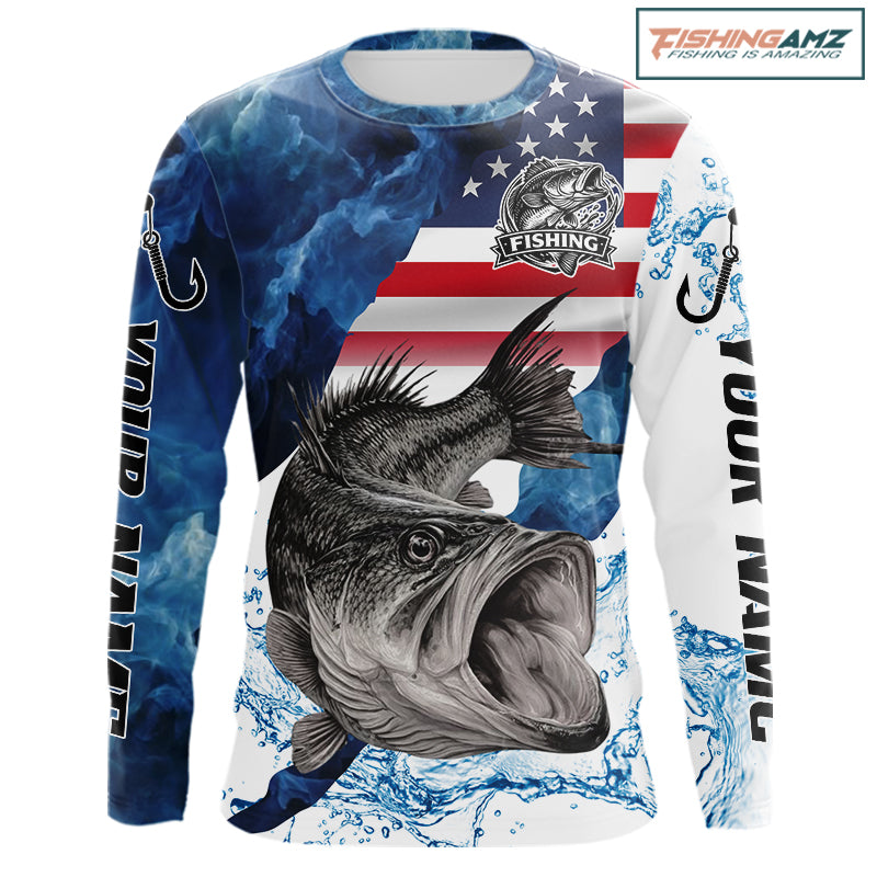 Blue Camo Bass Fishing American Flag Fishing Shirt, Bass Fishing Shirts Long Sleeve NBT458