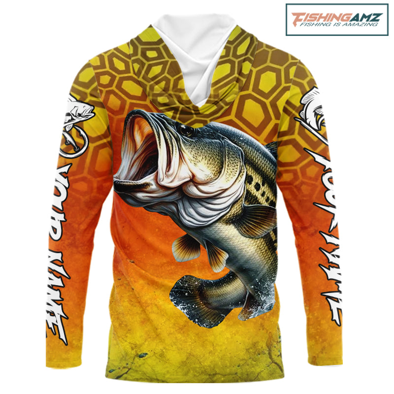 Personalized Bass Fishing Long Sleeve Hooded Fishing Shirt Yellow Camo, Bass Fishing Shirts NBT459