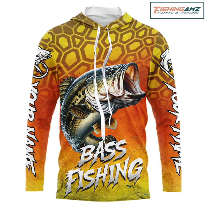 Personalized Bass Fishing Long Sleeve Hooded Fishing Shirt Yellow Camo, Bass Fishing Shirts NBT459