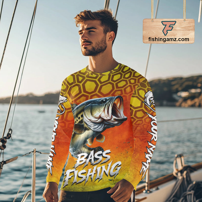 Personalized Bass Fishing Long Sleeve Fishing Shirt Yellow Camo, Bass Fishing Shirts NBT459