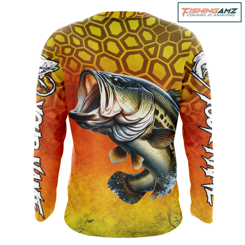Personalized Bass Fishing Long Sleeve Fishing Shirt Yellow Camo, Bass Fishing Shirts NBT459