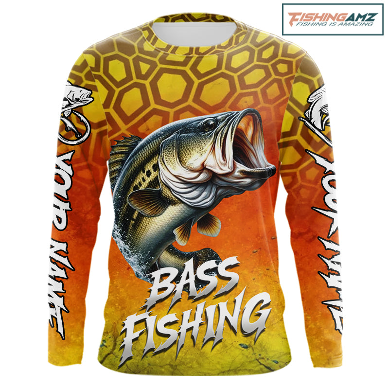 Personalized Bass Fishing Long Sleeve Fishing Shirt Yellow Camo, Bass Fishing Shirts NBT459