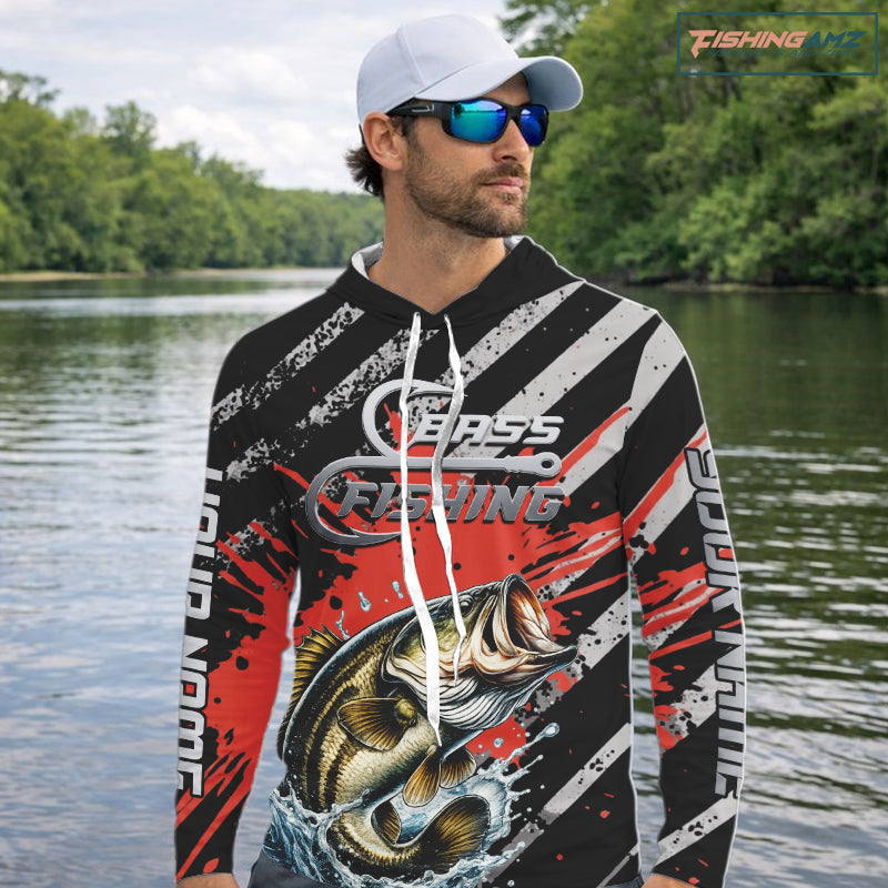 Custom Largemouth Bass Long Sleeve Hooded Tournament Fishing Shirts, Largemouth Fishing Jerseys NBT712