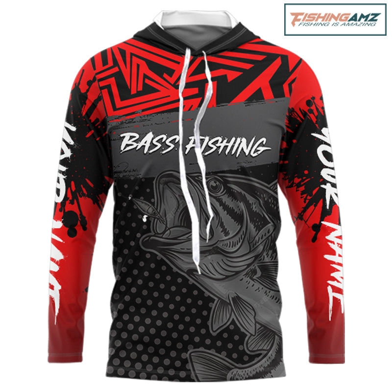 Red Largemouth Bass Fishing Long Sleeve Shirt with Hood UV Protection Custom Name, Bass Tournament Jerseys NBT361