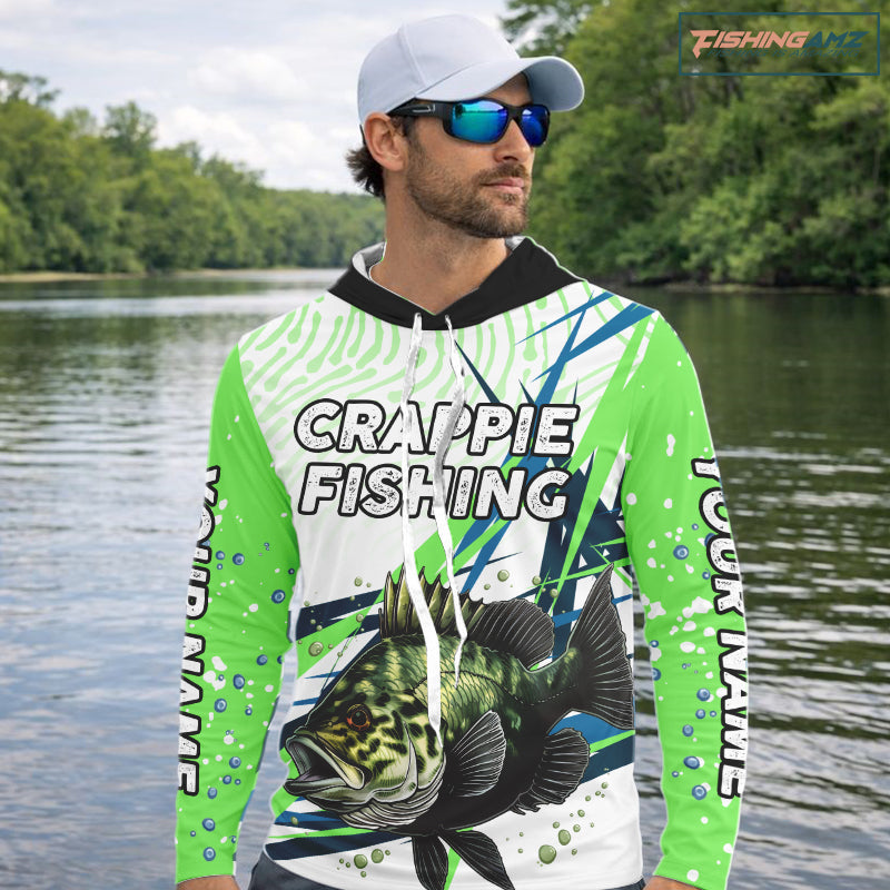 Custom Green Crappie Custom Name Long Sleeve Fishing Jerseys, Tournament Fishing Shirts NBT364