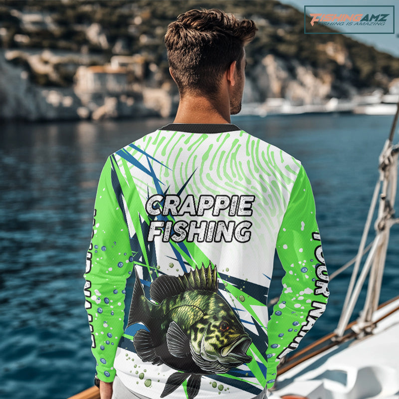 Custom Green Crappie Custom Name Long Sleeve Fishing Jerseys, Tournament Fishing Shirts NBT364