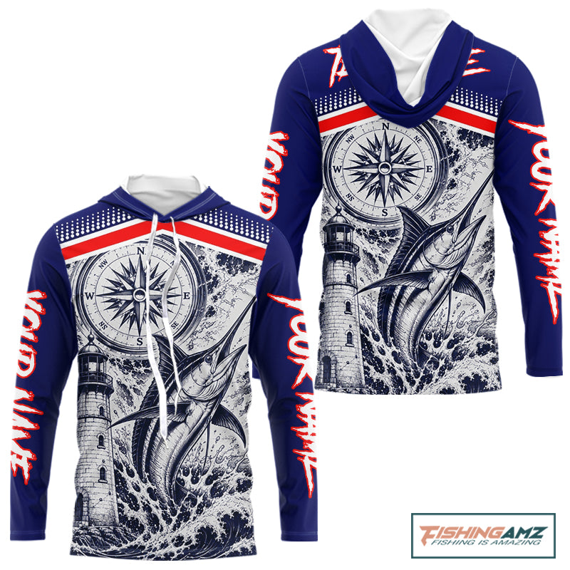 Front and back view of personalized Marlin blue long sleeve hooded performance fishing shirt for tournaments