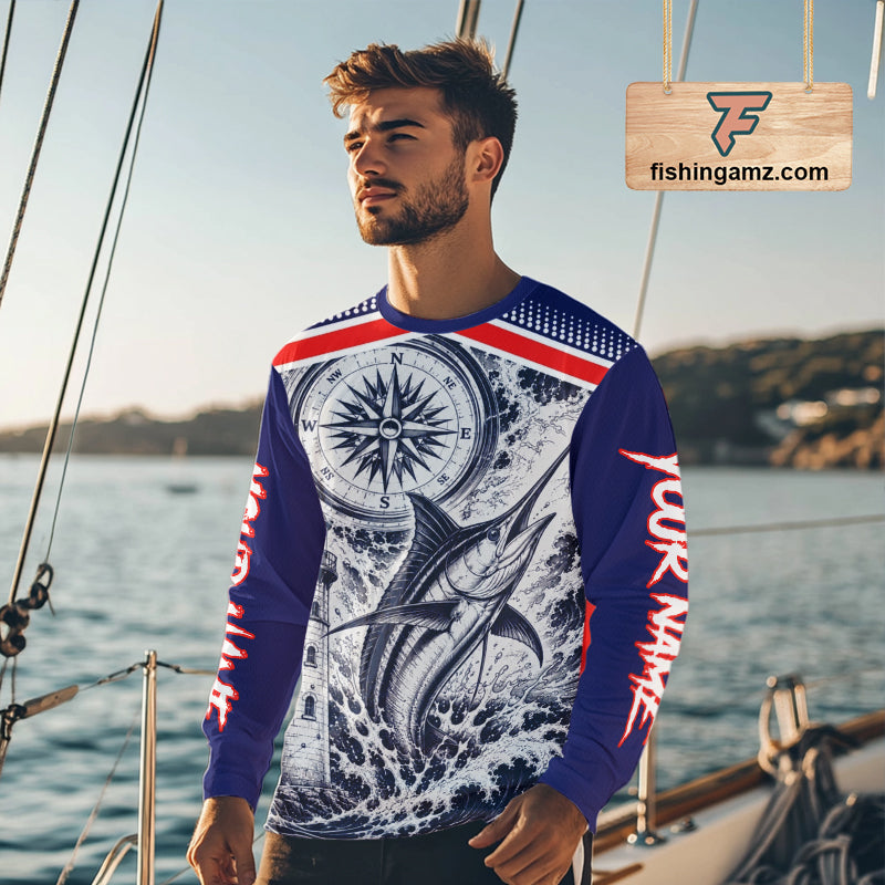 Angler wearing personalized Marlin blue long sleeve performance fishing shirt on the water