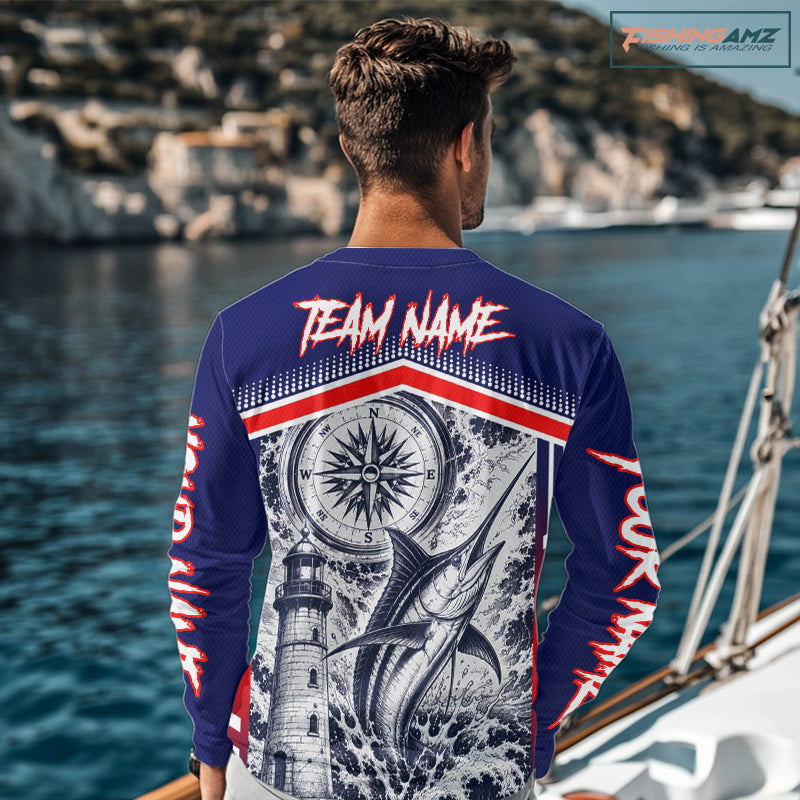 Angler wearing personalized Marlin blue long sleeve performance fishing shirt on the water with personalized name