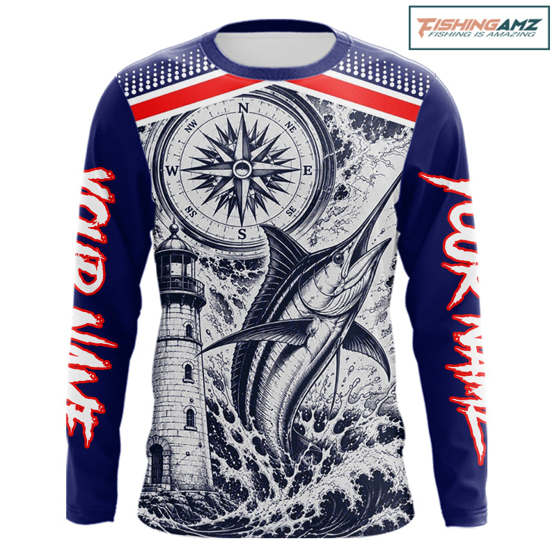 Front view of personalized Marlin blue long sleeve performance fishing shirt with compass design