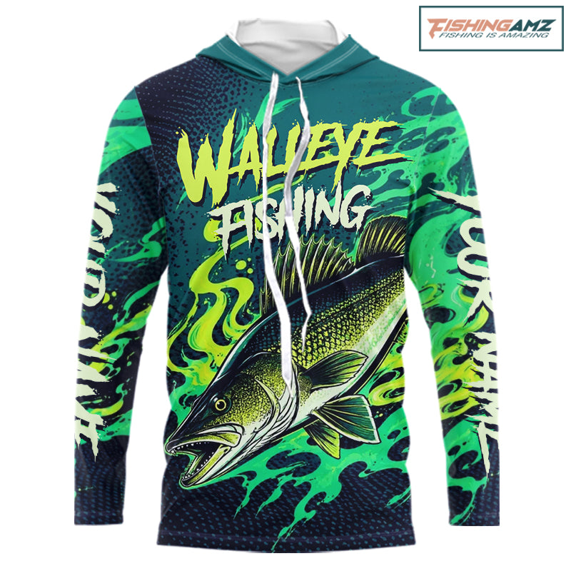 Front view of custom Walleye fishing green camo long sleeve hooded fishing shirt with personalized name
