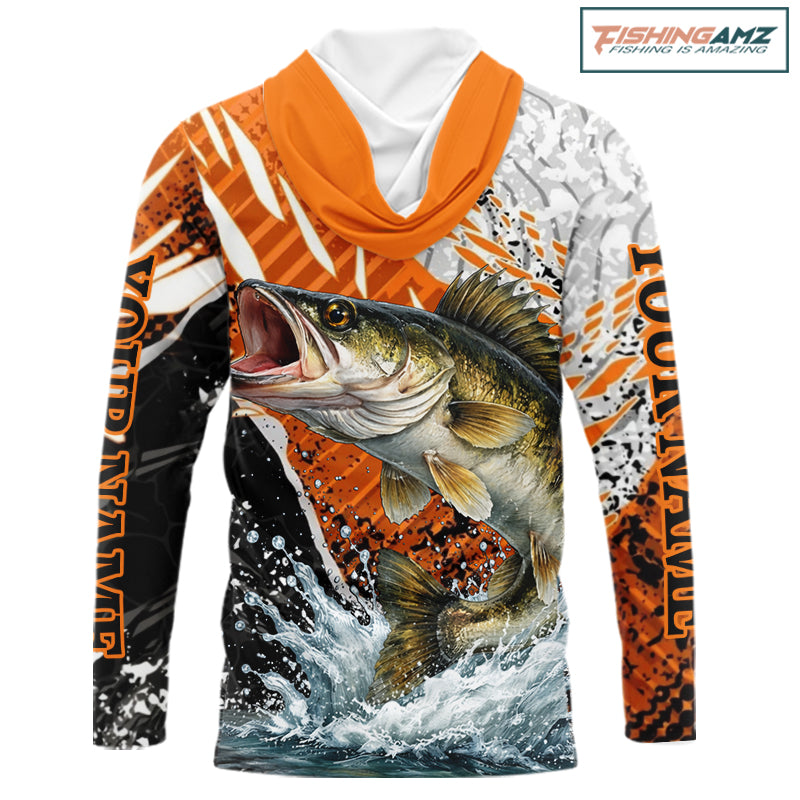 Walleye Fishing Shirts Long Sleeve Hooded Orange Camo, Persionalized Walleye Fishing Jerseys NBT406