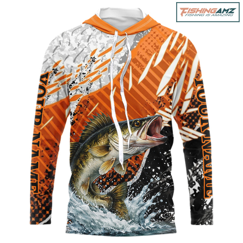 Walleye Fishing Shirts Long Sleeve Hooded Orange Camo, Persionalized Walleye Fishing Jerseys NBT406