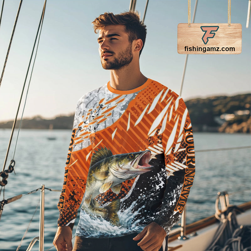 Walleye Fishing Shirts Long Sleeve Orange Camo, Persionalized Walleye Fishing Jerseys NBT406