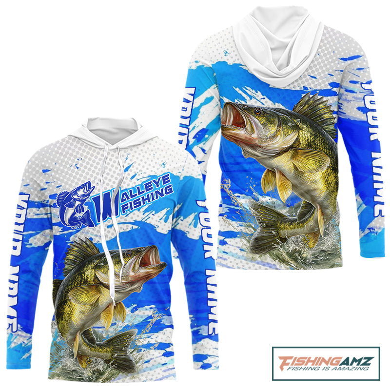 Blue Camo Walleye Fishing Shirts Long Sleeve Hooded, Walleye Fishing Jerseys NBT407