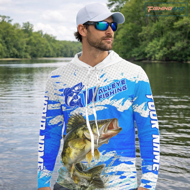 Blue Camo Walleye Fishing Shirts Long Sleeve Hooded, Walleye Fishing Jerseys NBT407