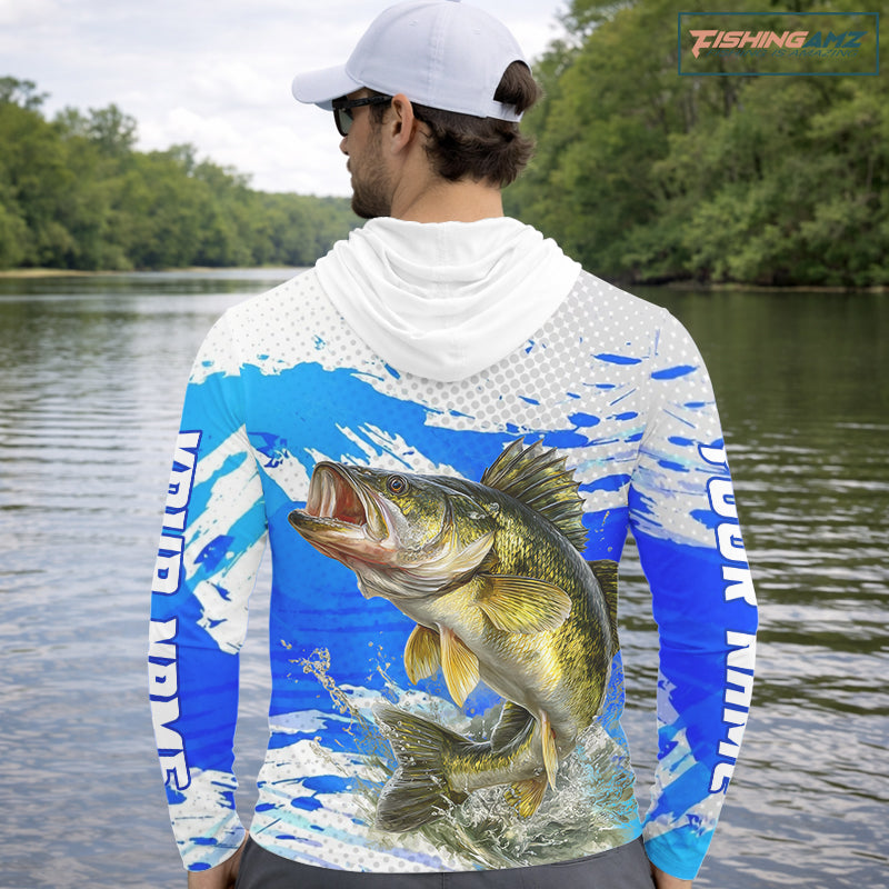 Blue Camo Walleye Fishing Shirts Long Sleeve Hooded, Walleye Fishing Jerseys NBT407