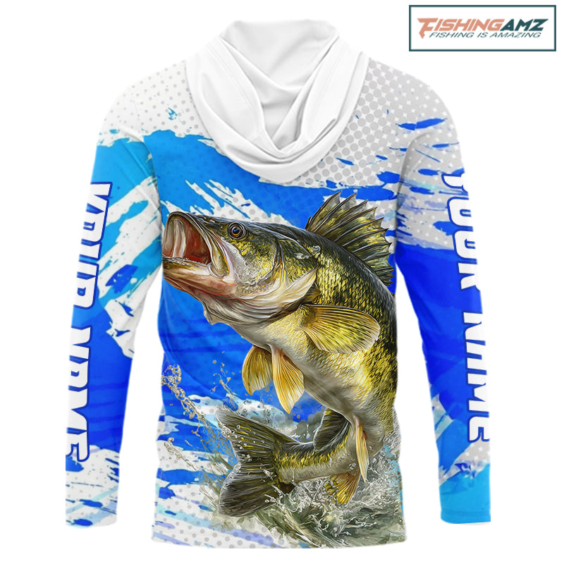 Blue Camo Walleye Fishing Shirts Long Sleeve Hooded, Walleye Fishing Jerseys NBT407