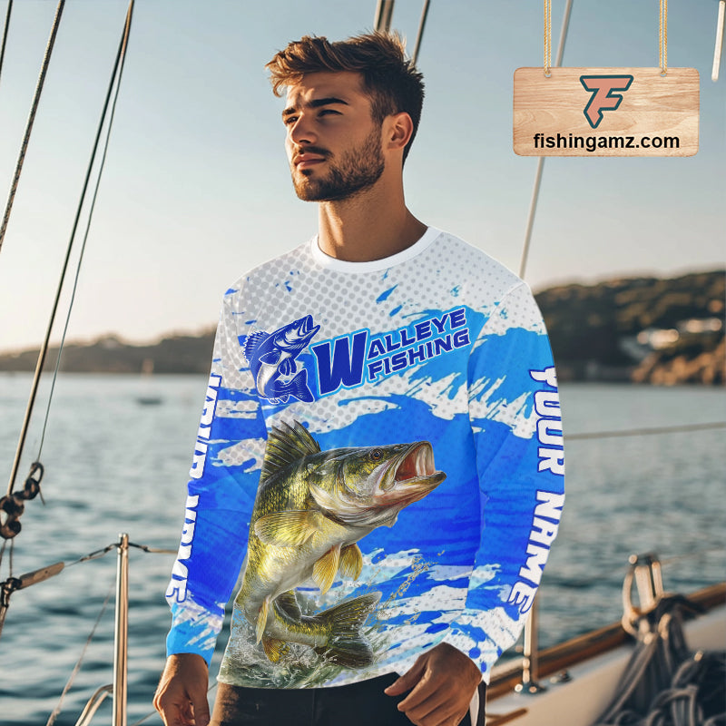 Blue Camo Walleye Fishing Shirts Long Sleeve, Walleye Fishing Jerseys NBT407