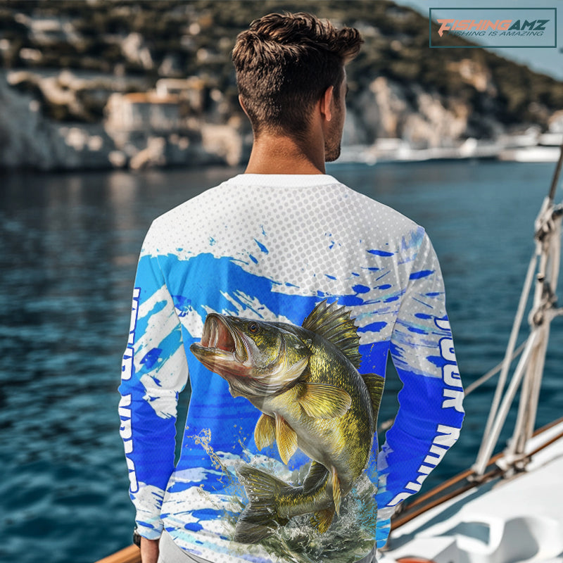 Blue Camo Walleye Fishing Shirts Long Sleeve, Walleye Fishing Jerseys NBT407