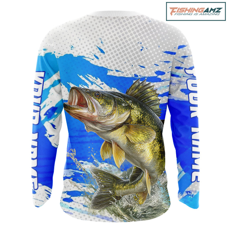 Blue Camo Walleye Fishing Shirts Long Sleeve, Walleye Fishing Jerseys NBT407